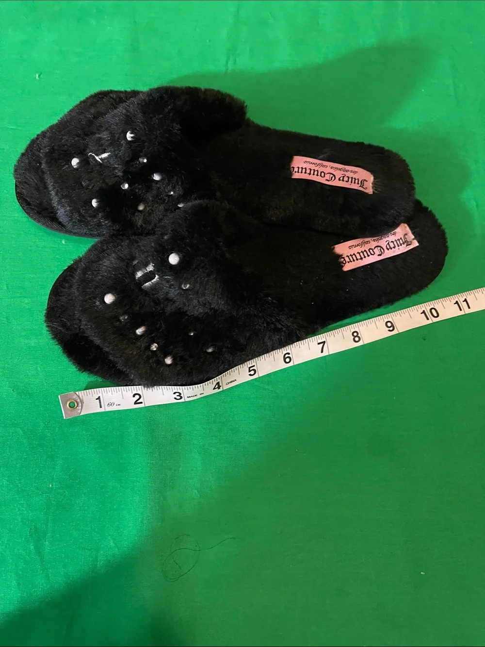 Juicy Couture Girls Black Faux-Fur Slide Slippers with Stud Accents